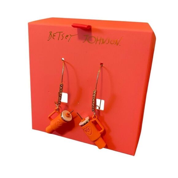 Betsey Johnson Orange Tumbler Dangle Earrings w/ Eye Catching Rhinestones. - Picture 2 of 8